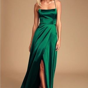 Lulus Althea Forest Green Satin Lace-Up Maxi Dress Size 4